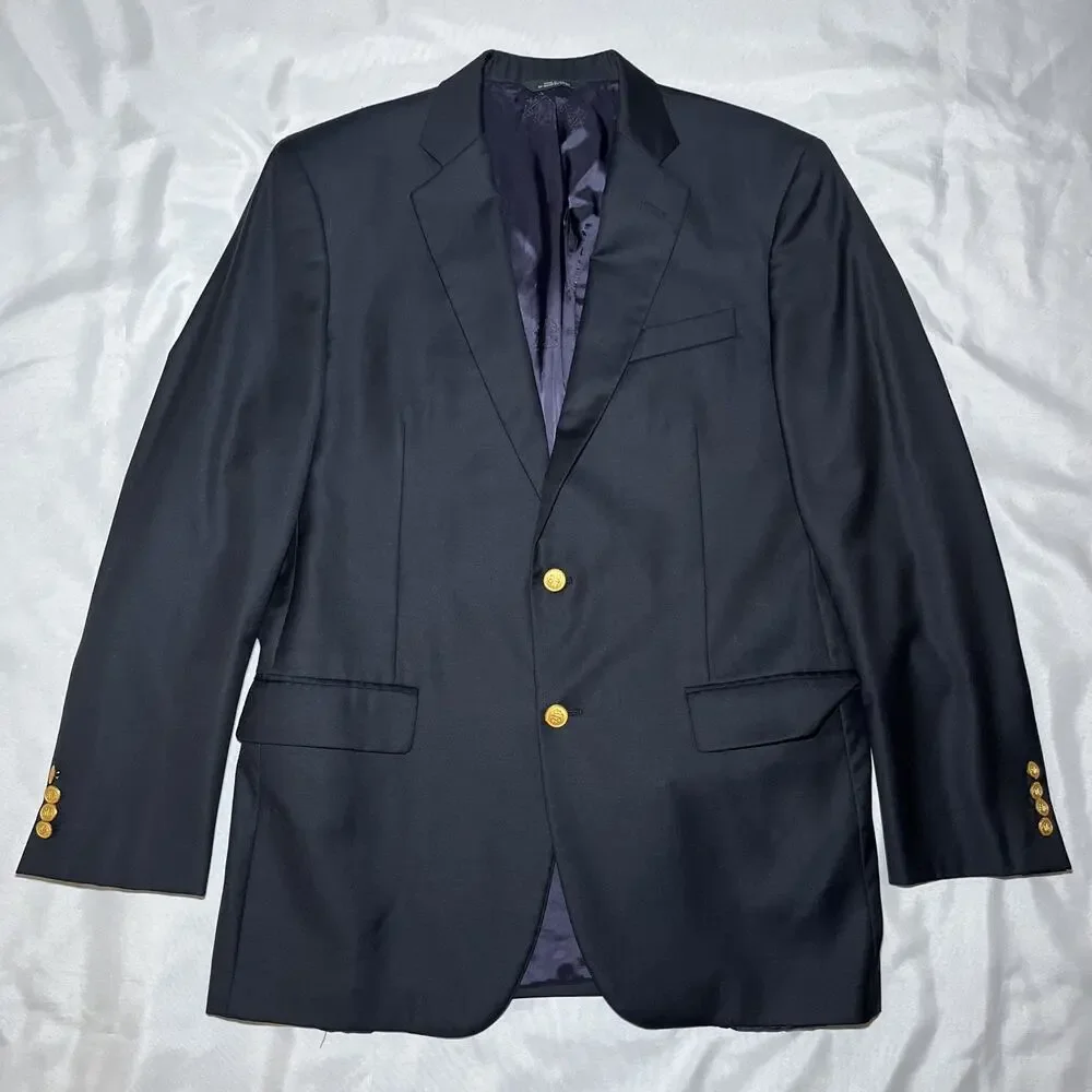 Brooks Brothers x Saxxon 42L Wool Blazer Suit Jacket Navy Gold Buttons USA Made